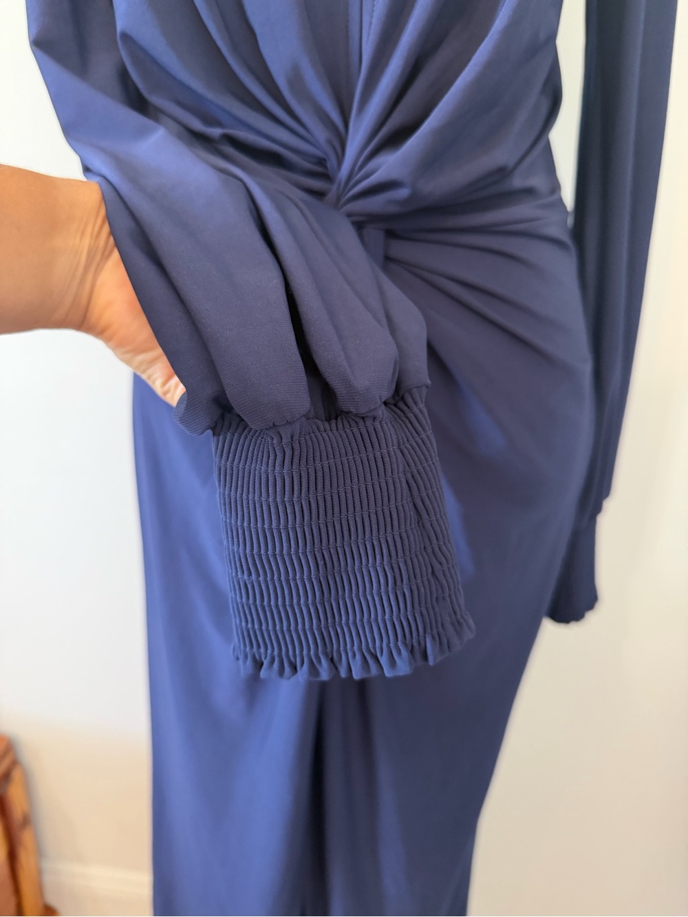 VENUS Deep Navy Twist-Front Maxi Dress • Long Sleeve Smocked Cuffs • Size M - Picture 6 of 13